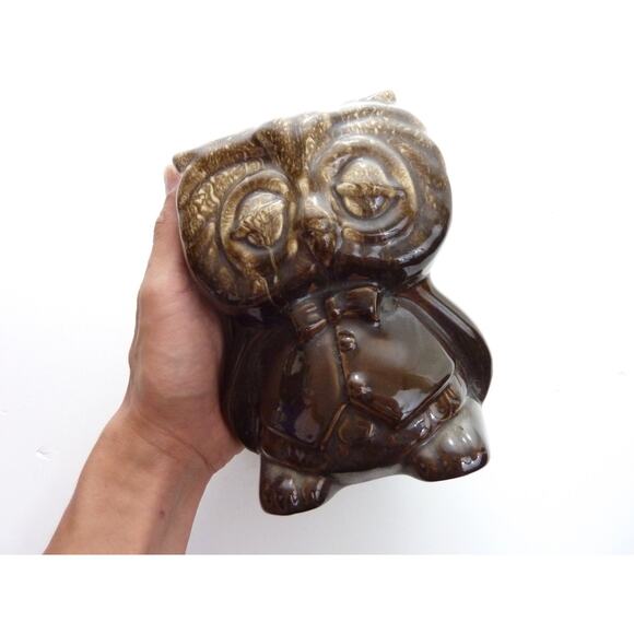 Vintage Owl Planter Small Brown Ceramic Pot Vase Woody Brown Rustic Shabby Decor - Picture 2 of 5